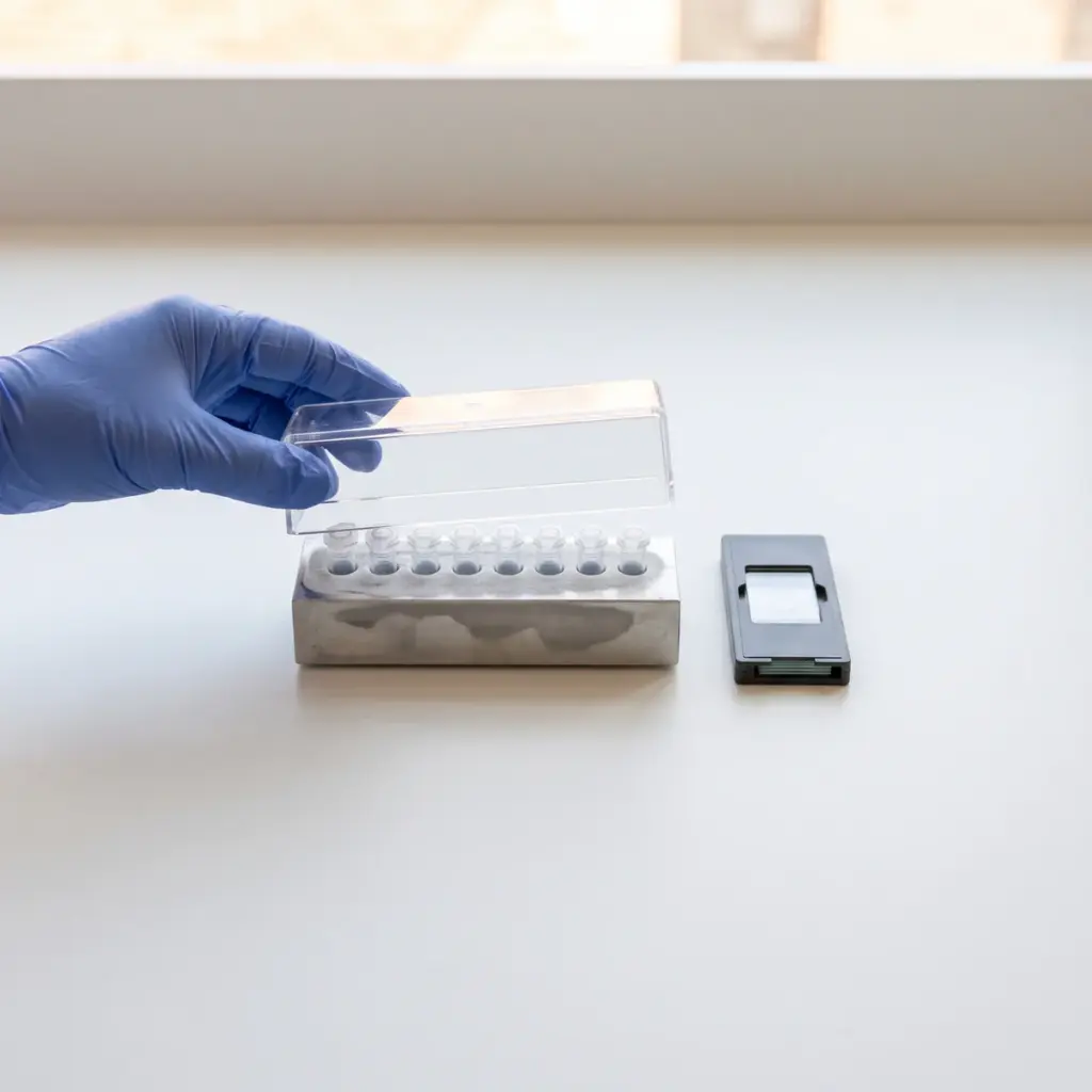 A gloved hand holds a clear cover above capped tubes in a metal block beside a closed slide carrier.