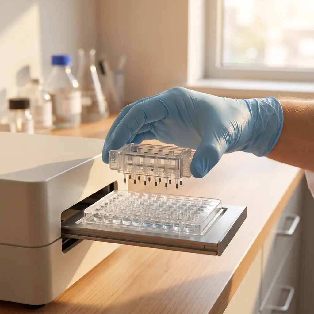 A blue-gloved hand aligns a transparent sensor cartridge above a multiwell plate on an extended analyzer tray.