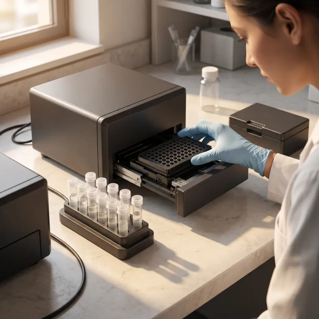 Editorial illustration of a gloved hand loading a black assay plate into a laboratory reader.