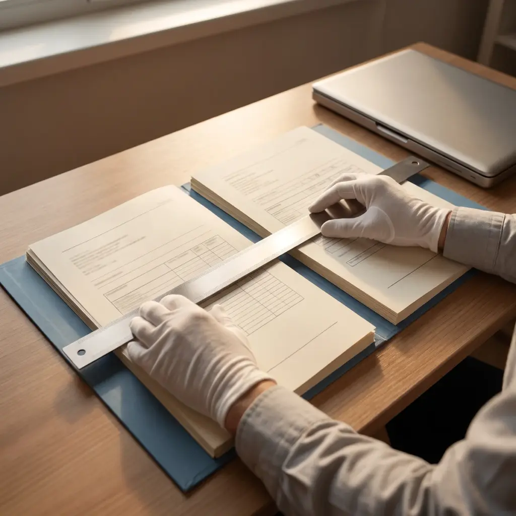 Gloved hands align a straightedge across tables in two report packets on a wooden desk.