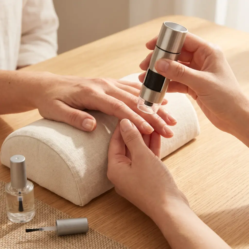 Editorial illustration of a handheld microscope being positioned above a supported fingernail.