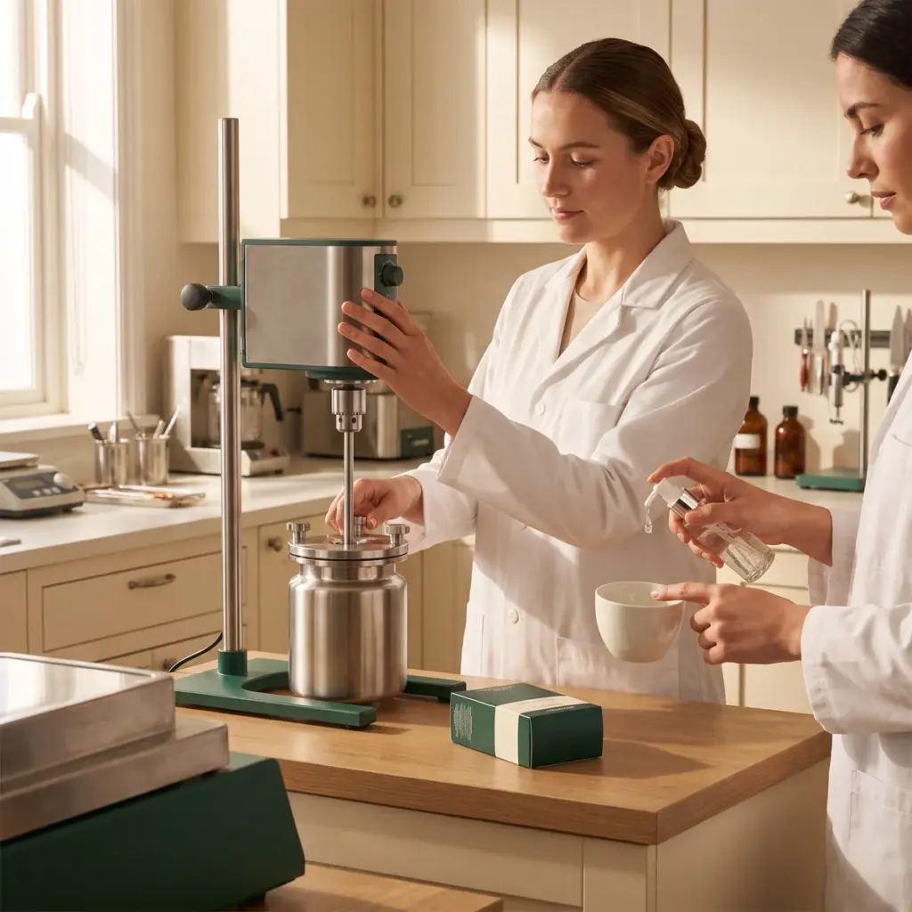 Two formulators check a small mixer and dispense a trial product into a clean cup.