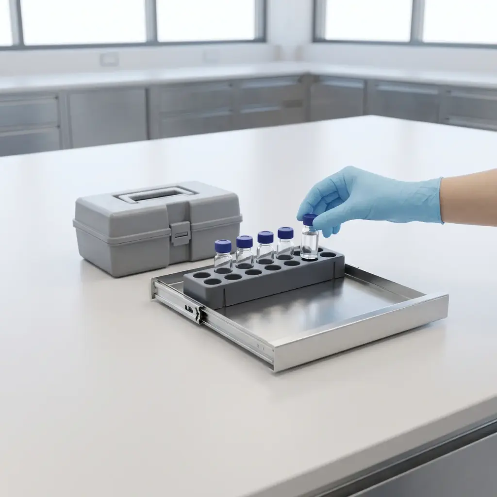 A gloved hand lowers a blue-capped vial into a rack on an extended drawer beside a closed transport carrier.