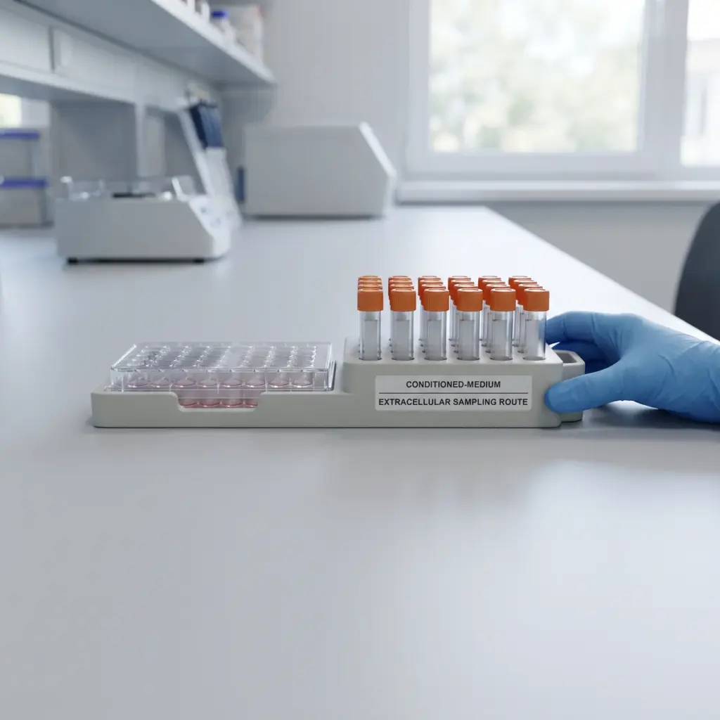 A gloved hand steadies a block of orange-capped tubes beside a covered multiwell plate containing pink liquid.