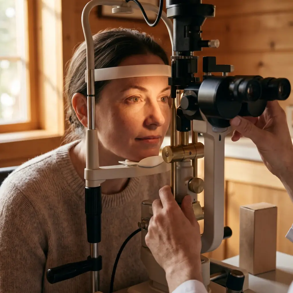 Editorial illustration of a woman positioned at a slit-lamp instrument during an eye-area assessment.