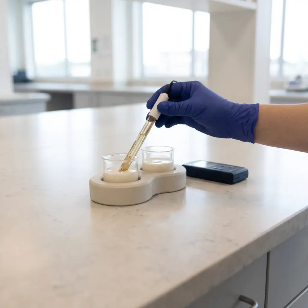 Editorial illustration of a gloved hand holding an electrode in one of two lotion samples seated in a holder beside a meter.