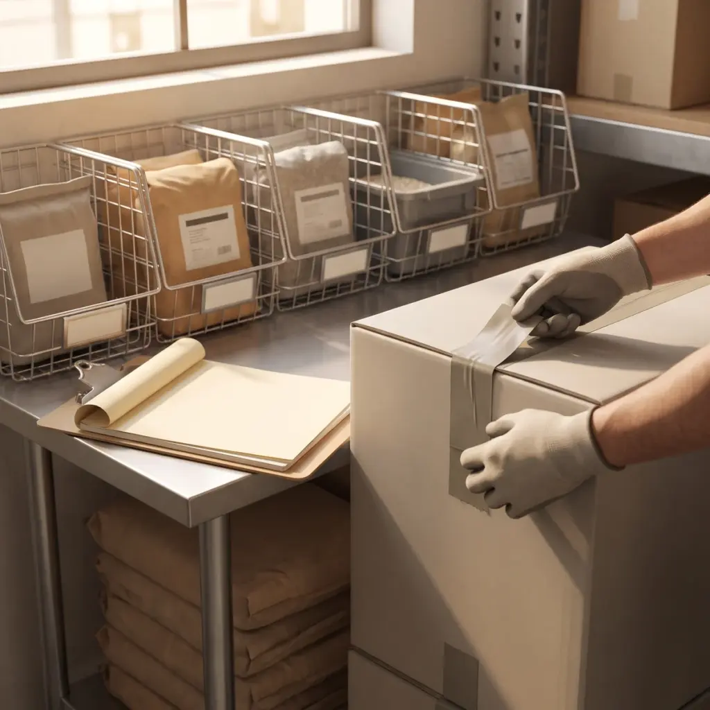 Gloved hands check a taped carton beside supplier records and segregated storage baskets.