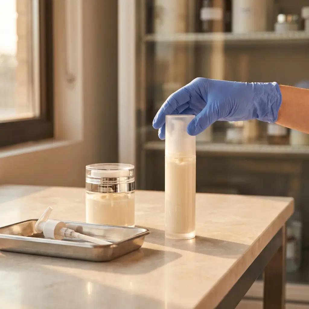 A blue-gloved hand steadies a tall cream-filled container beside a shorter jar on a warm counter.