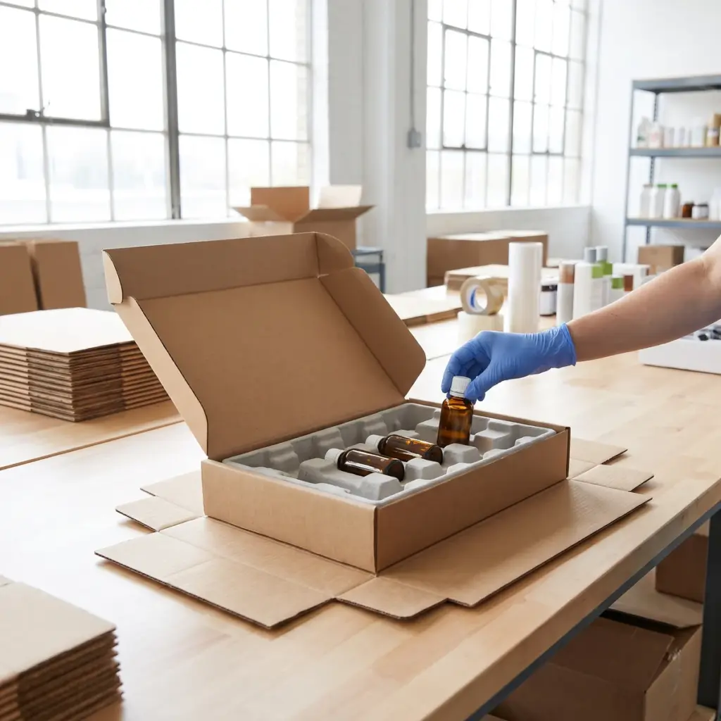 A blue-gloved hand places an amber bottle into a molded insert beside two capped bottles in an open carton.
