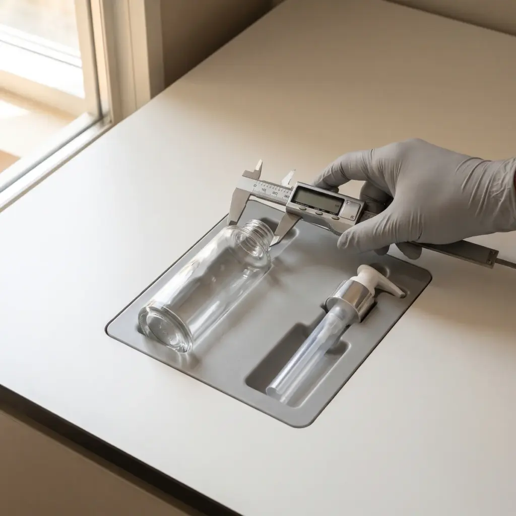 A gloved hand positions caliper jaws around a clear bottle neck beside a separate pump and dip tube in a fitted tray.