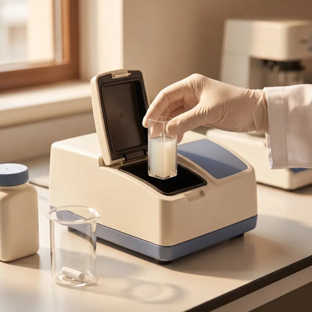 A gloved hand lowers a cuvette of pale dispersion toward an open optical instrument compartment.