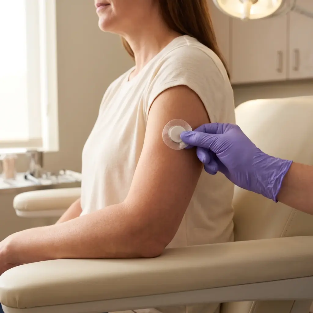 Editorial illustration of a gloved hand checking a small patch on an adult’s upper arm.