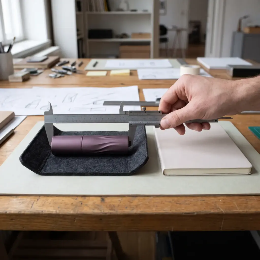 Editorial illustration of a closed sculpted cosmetic case bracketed by a caliper in a felt cradle beside a notebook.