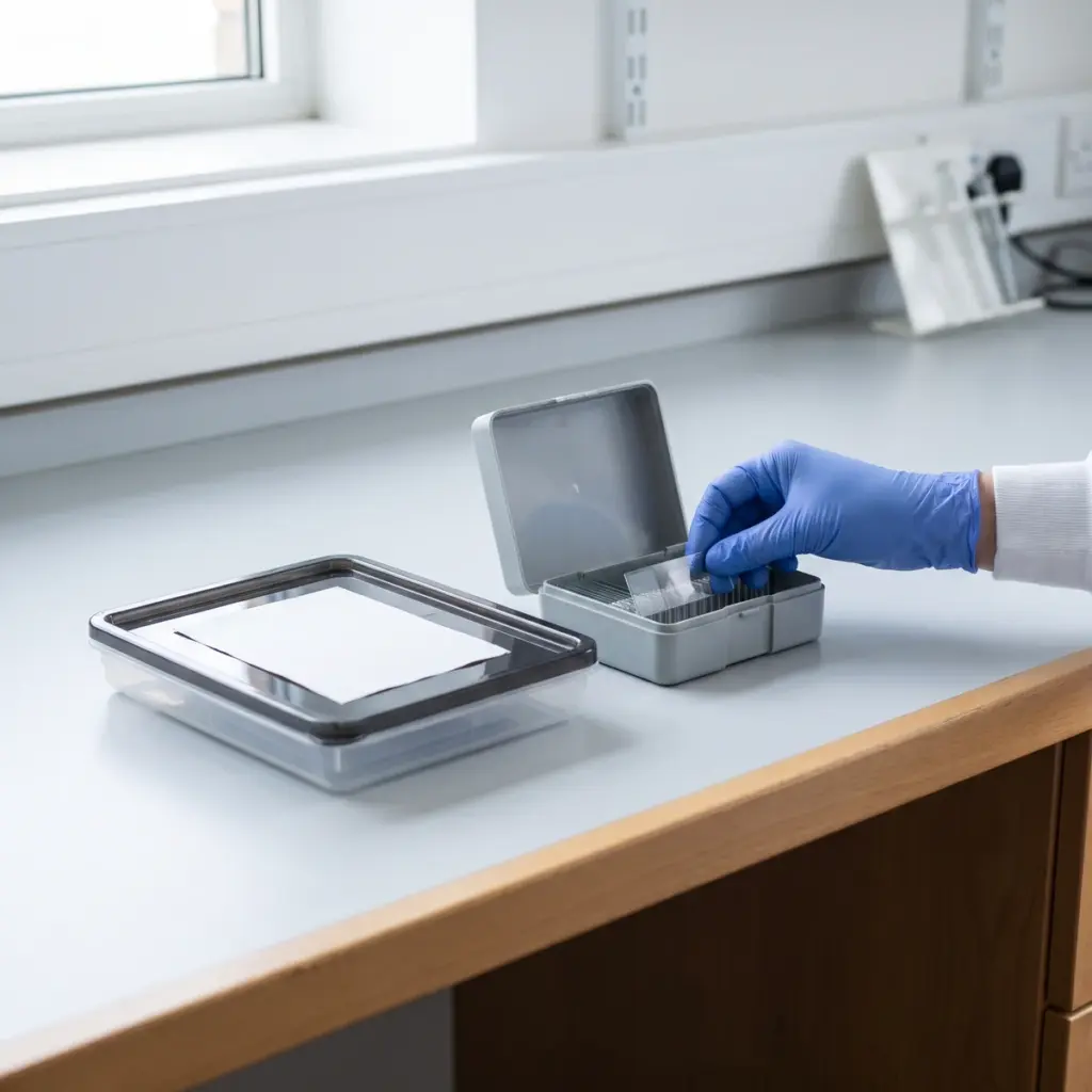 A gloved hand holds a microscope slide above a slotted carrier beside a covered laboratory tray.
