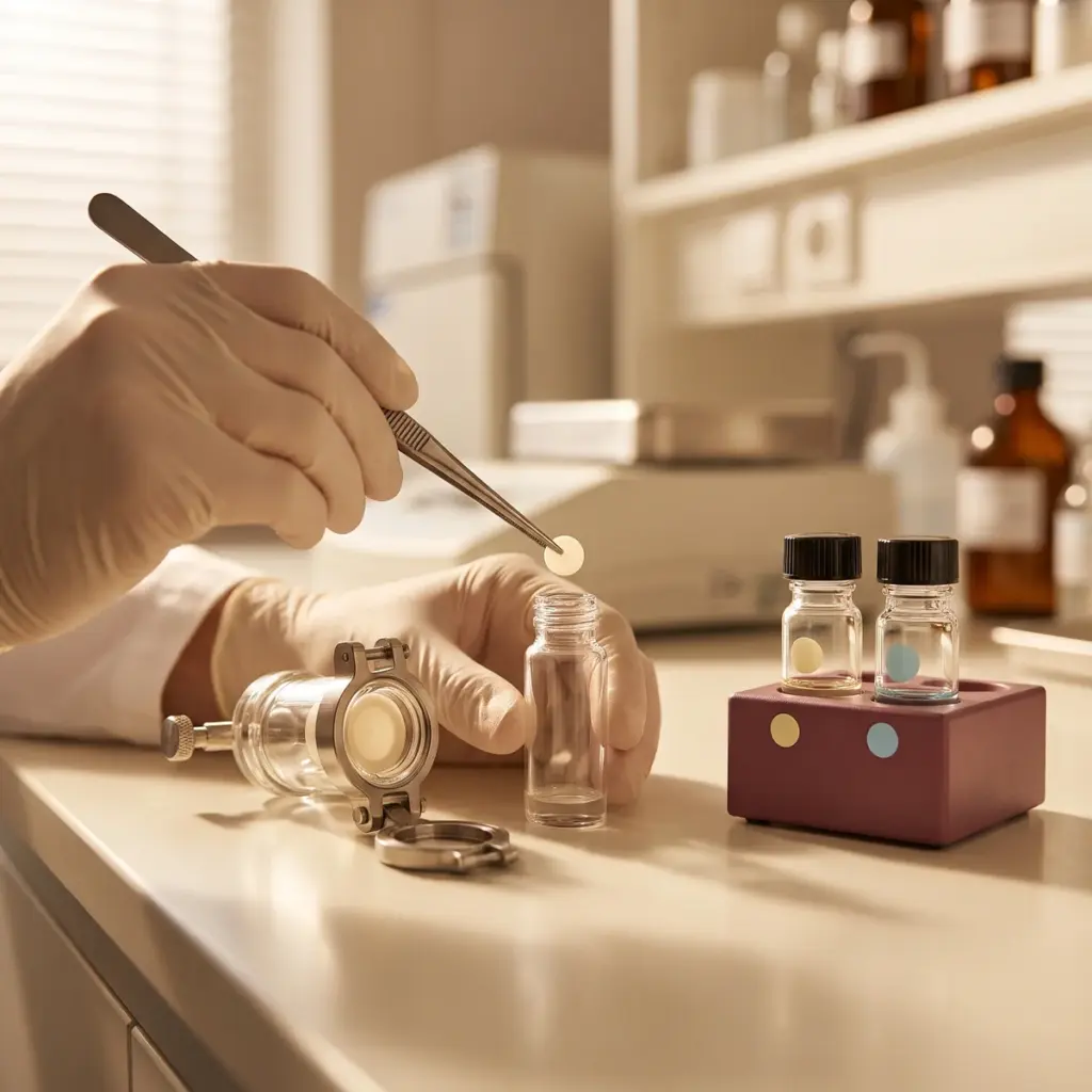Gloved hands transfer a pale disc with forceps toward an open vial beside glass-cell parts and capped samples.