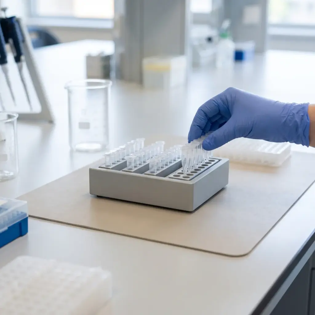 A blue-gloved hand holds a strip of capped clear tubes above a laboratory tube block.