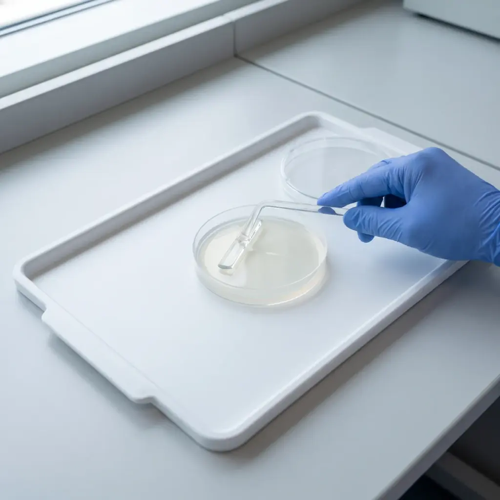 Editorial illustration of a gloved hand positioning a bent transparent spreader on an open agar dish beside its separate lid.