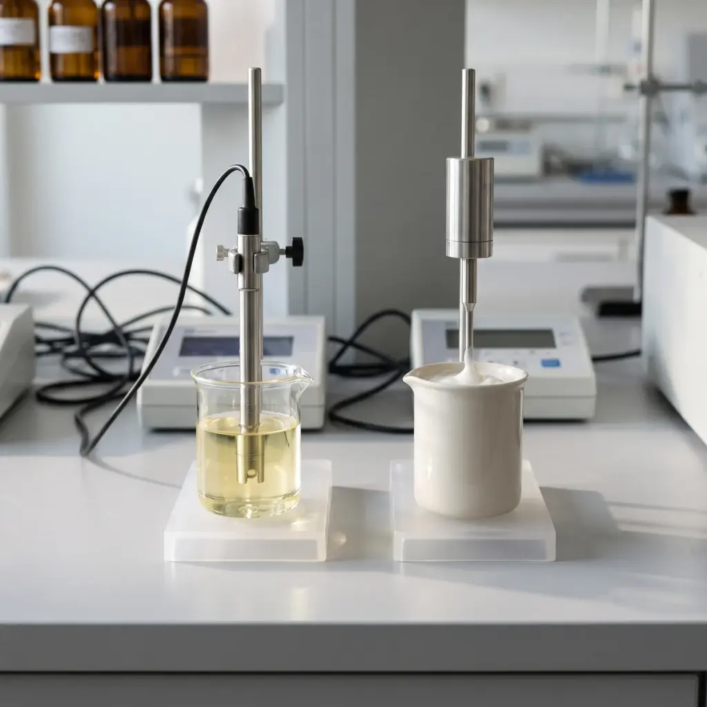 An electrode enters pale liquid in one beaker while a separate spindle enters white material in another.