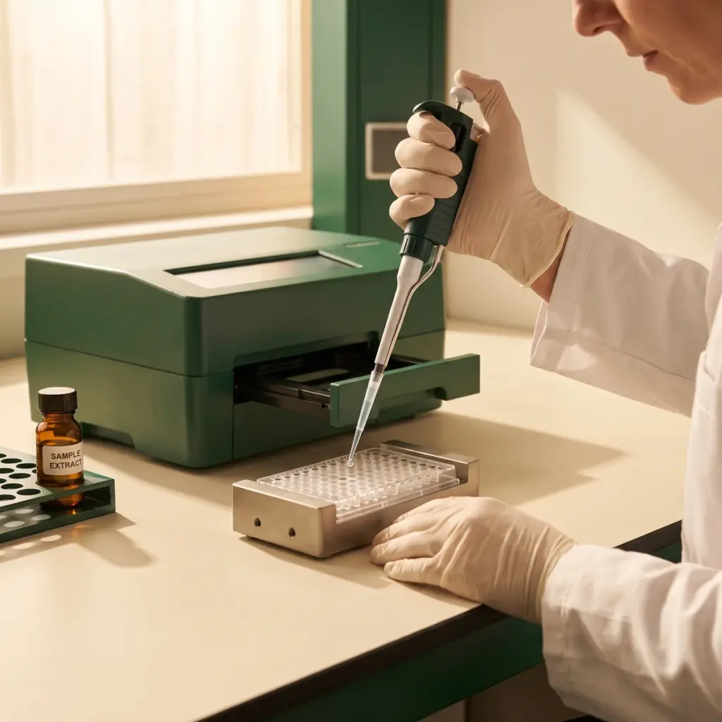 Editorial illustration of a gloved researcher pipetting into an assay plate beside an open benchtop reader.