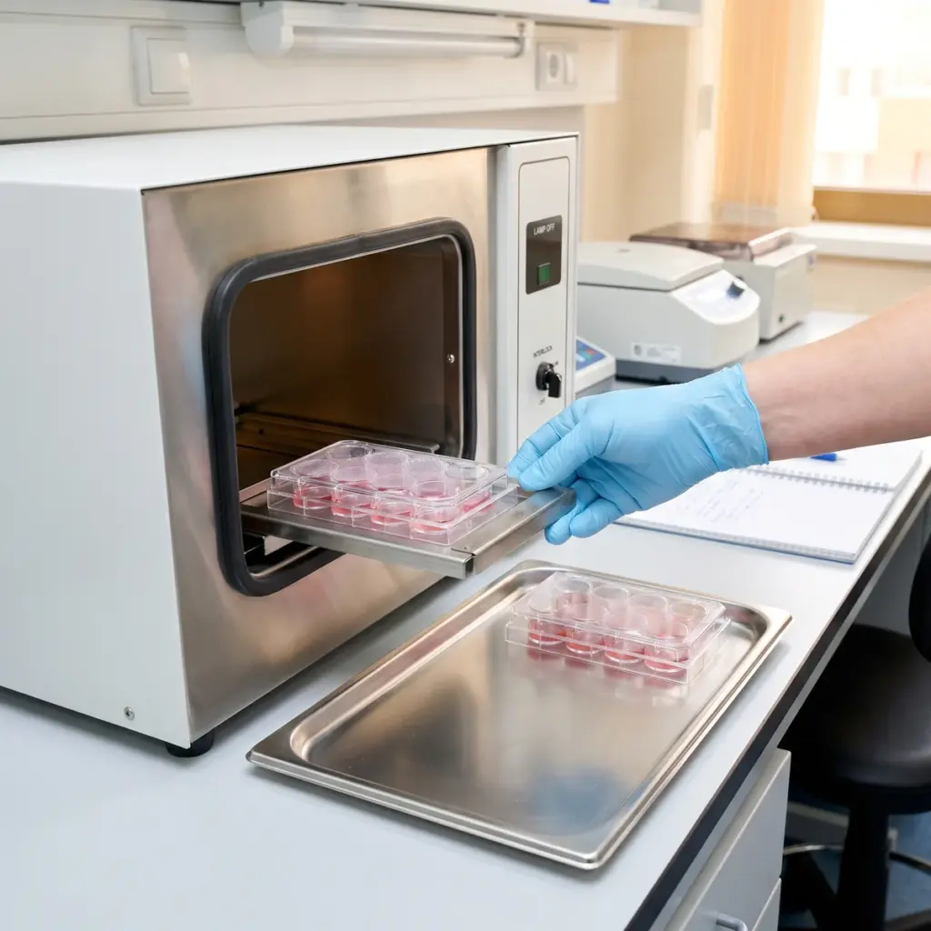A gloved hand positions a covered plate on an enclosure carrier beside a matching plate on a tray.