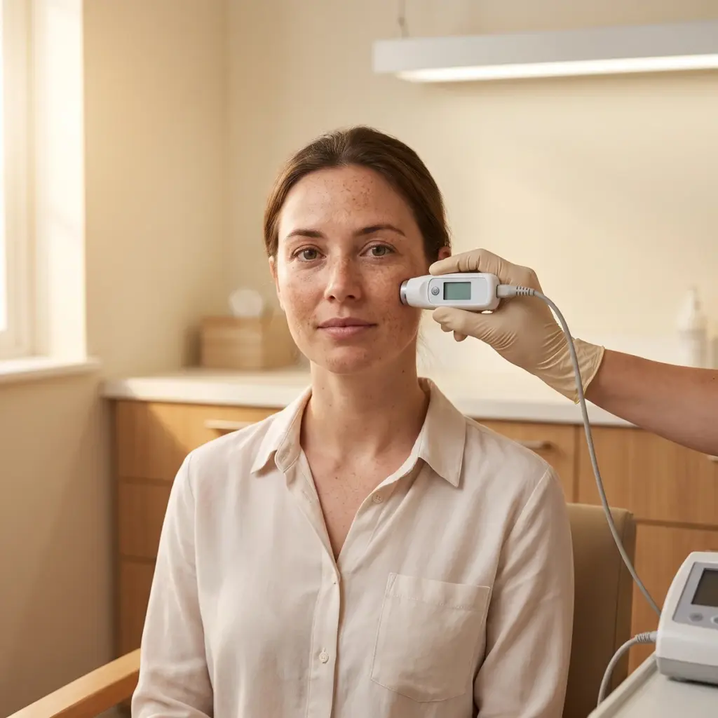 A gloved hand holds a wired circular probe against an adult’s cheek during a skin assessment.