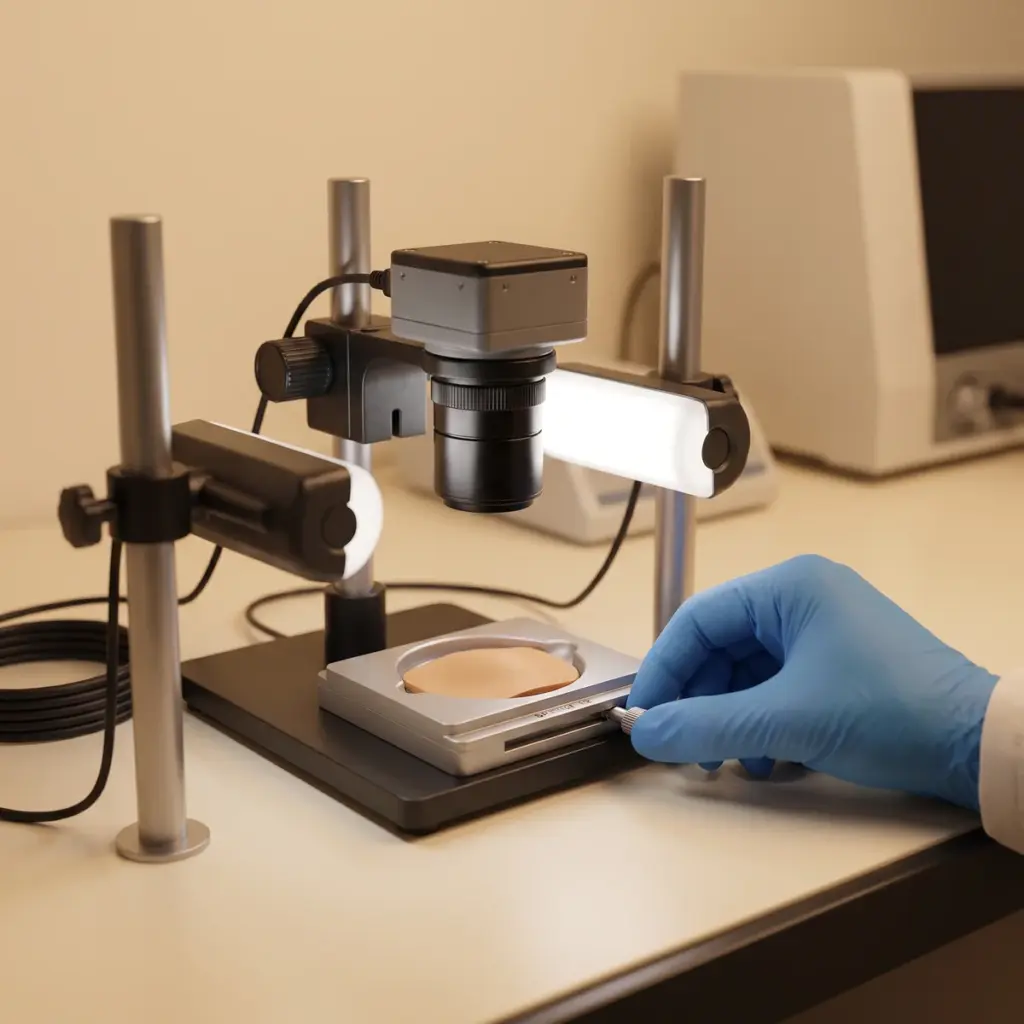 A fixed camera faces a tan sample in a circular carrier while a blue-gloved hand adjusts the holder.