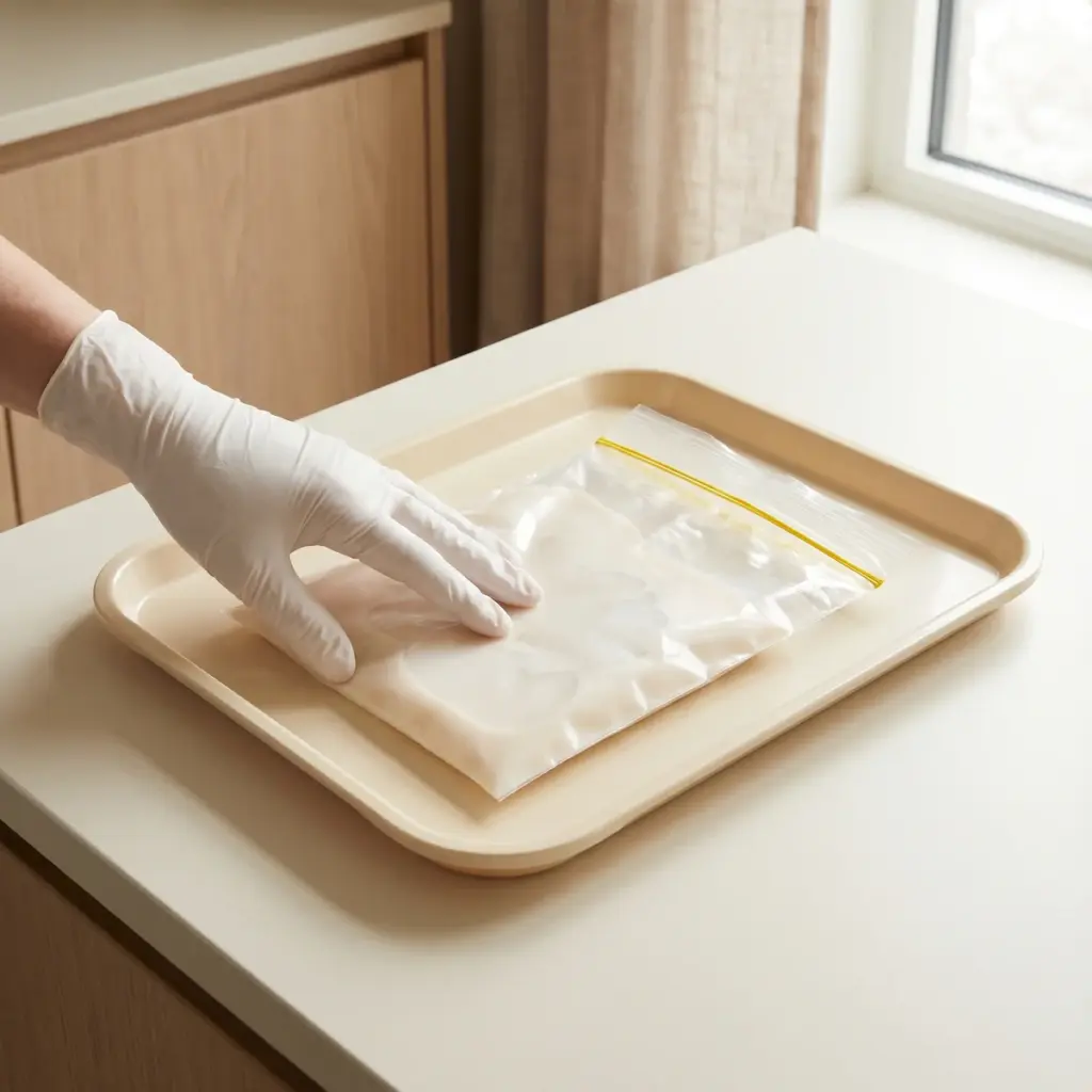 Gloved hand handling a dilution bag on a tray.