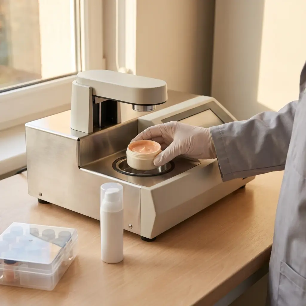 A gloved hand seats a shallow sample cup inside an open benchtop instrument beside a pump bottle.