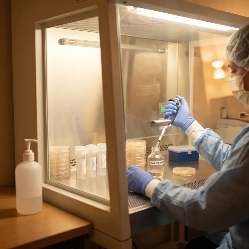 A gloved technician positions a pipette at an open sample bottle beside recovery plates inside a cabinet.
