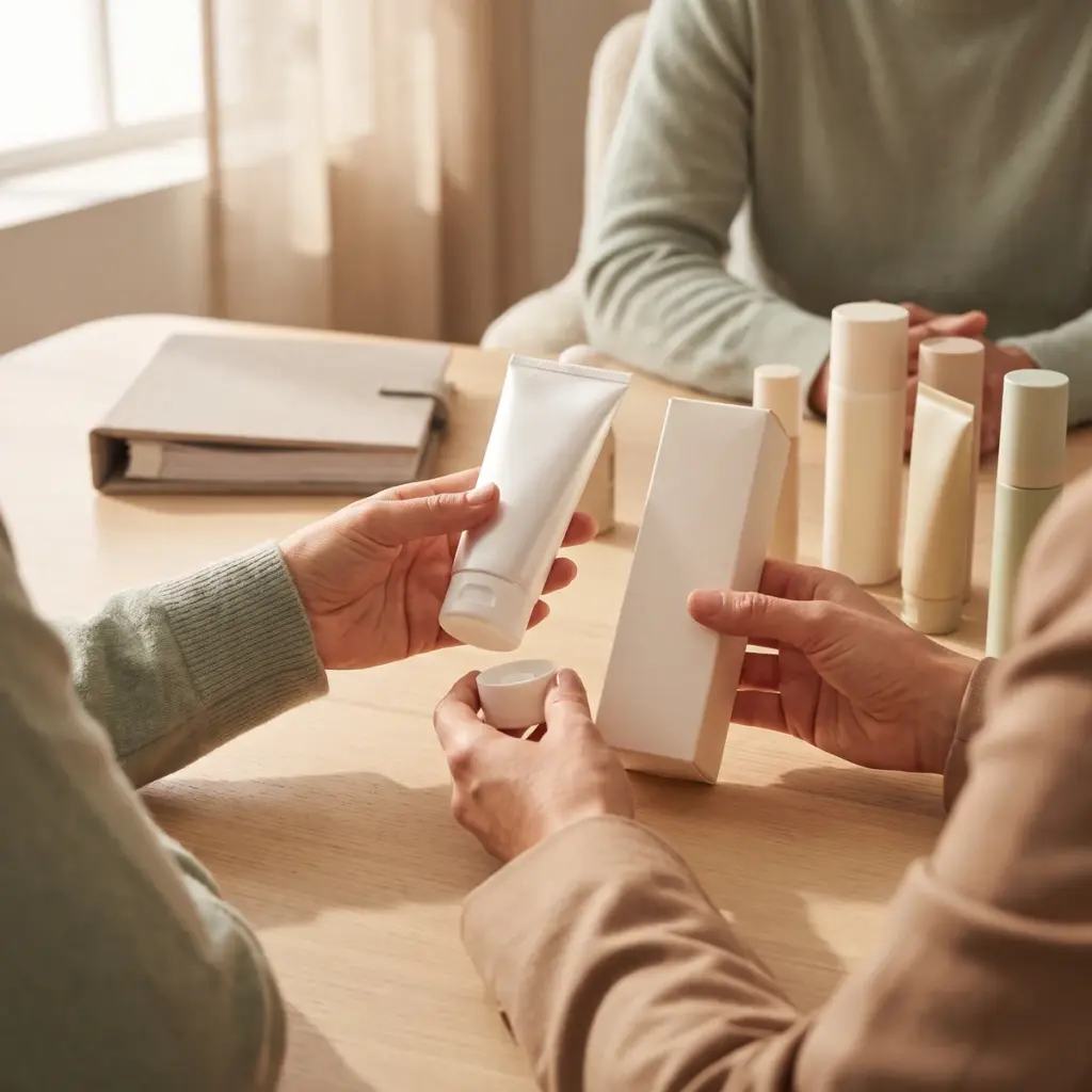 Hands compare an unbranded cosmetic tube with a plain carton and separate closure option.