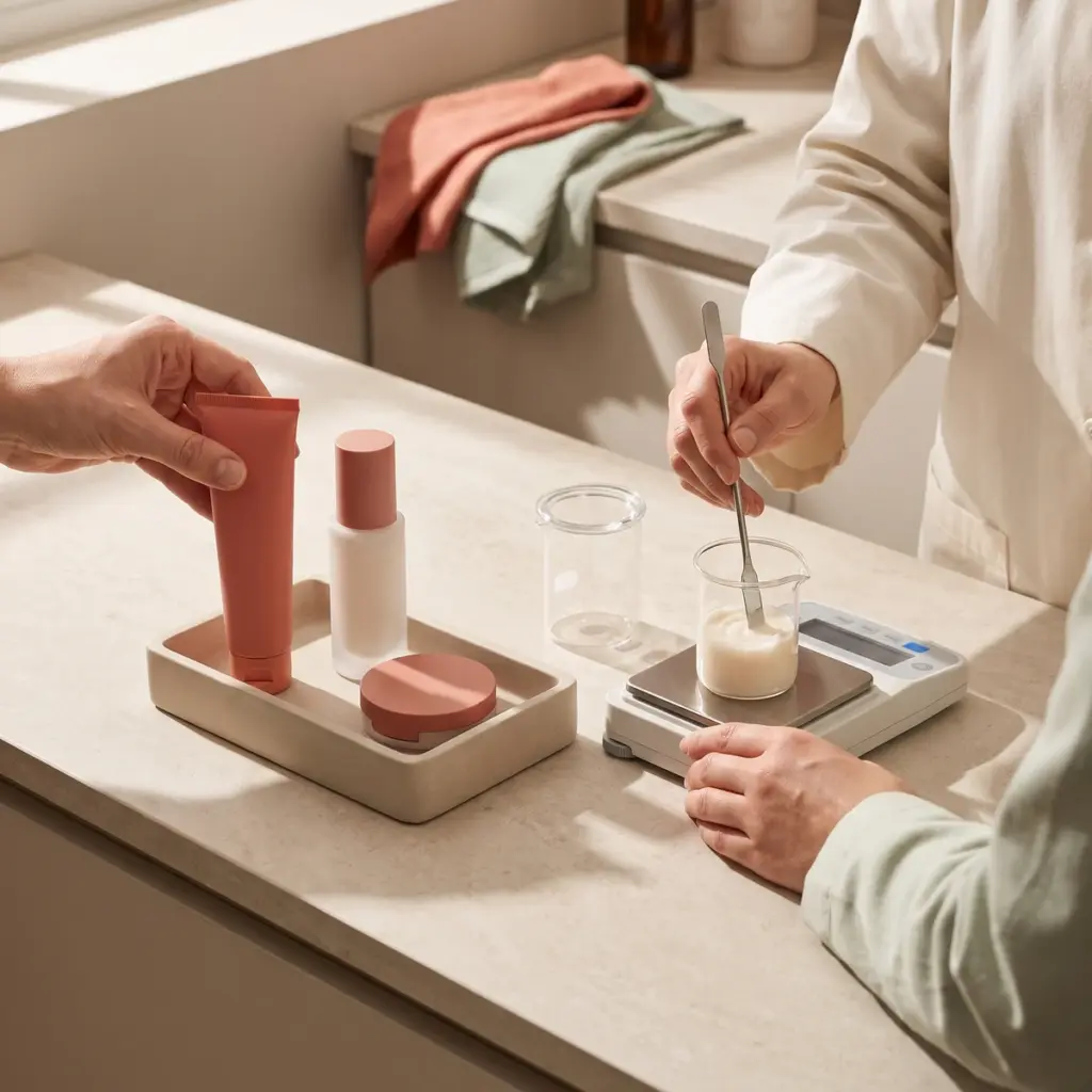 A hand selects a packaged cosmetic beside a beaker of cream being stirred on a digital scale.