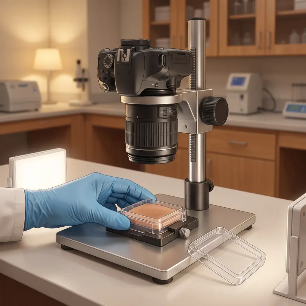 A fixed camera faces a beige-brown sample in a clear carrier as a gloved hand adjusts its holder.