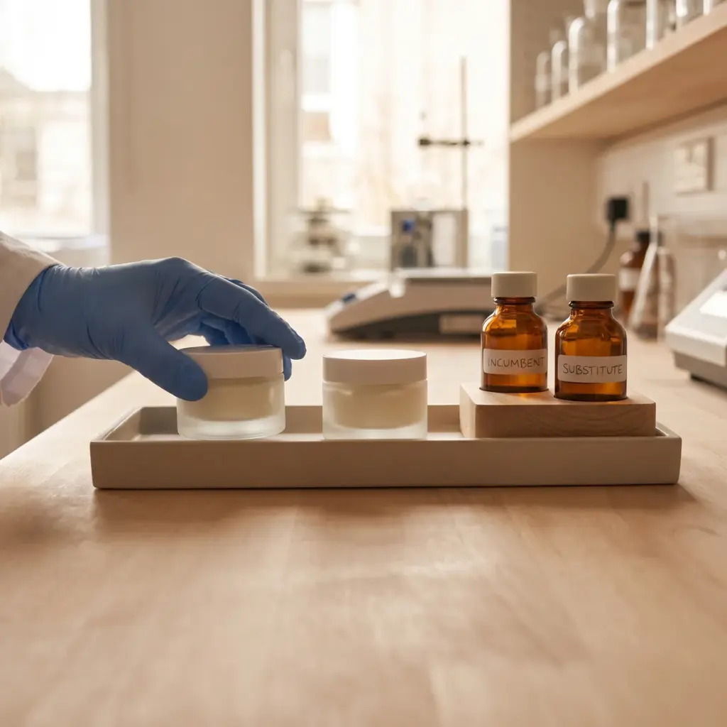 A blue-gloved hand handles one of two closed cosmetic jars beside two capped amber ingredient bottles.