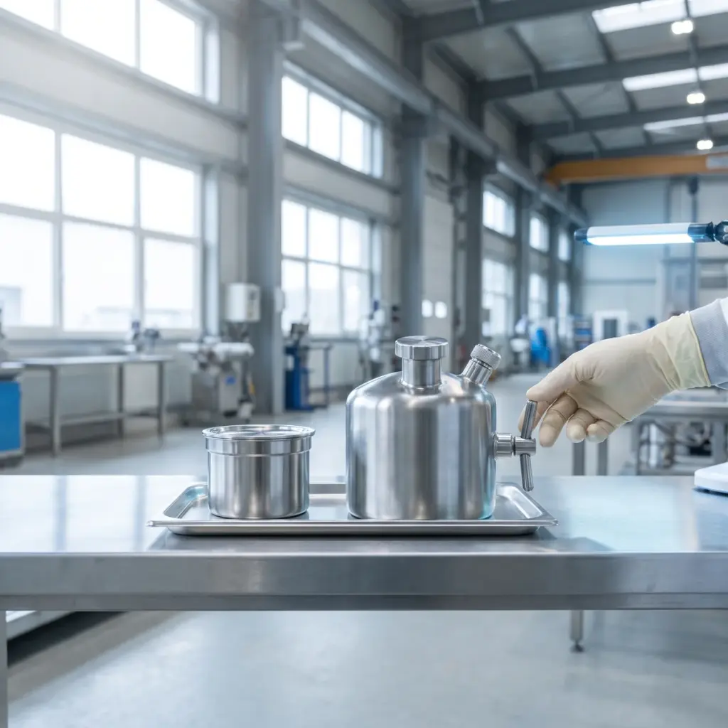 A gloved hand touches a process-vessel lever beside a closed metal sample pot on a tray.