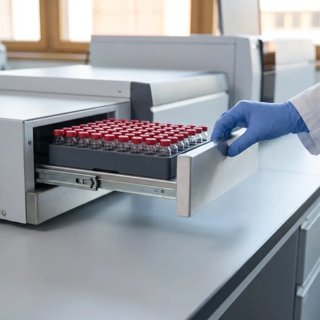 A gloved hand grips an extended instrument drawer holding a tray of red-capped analysis vials.