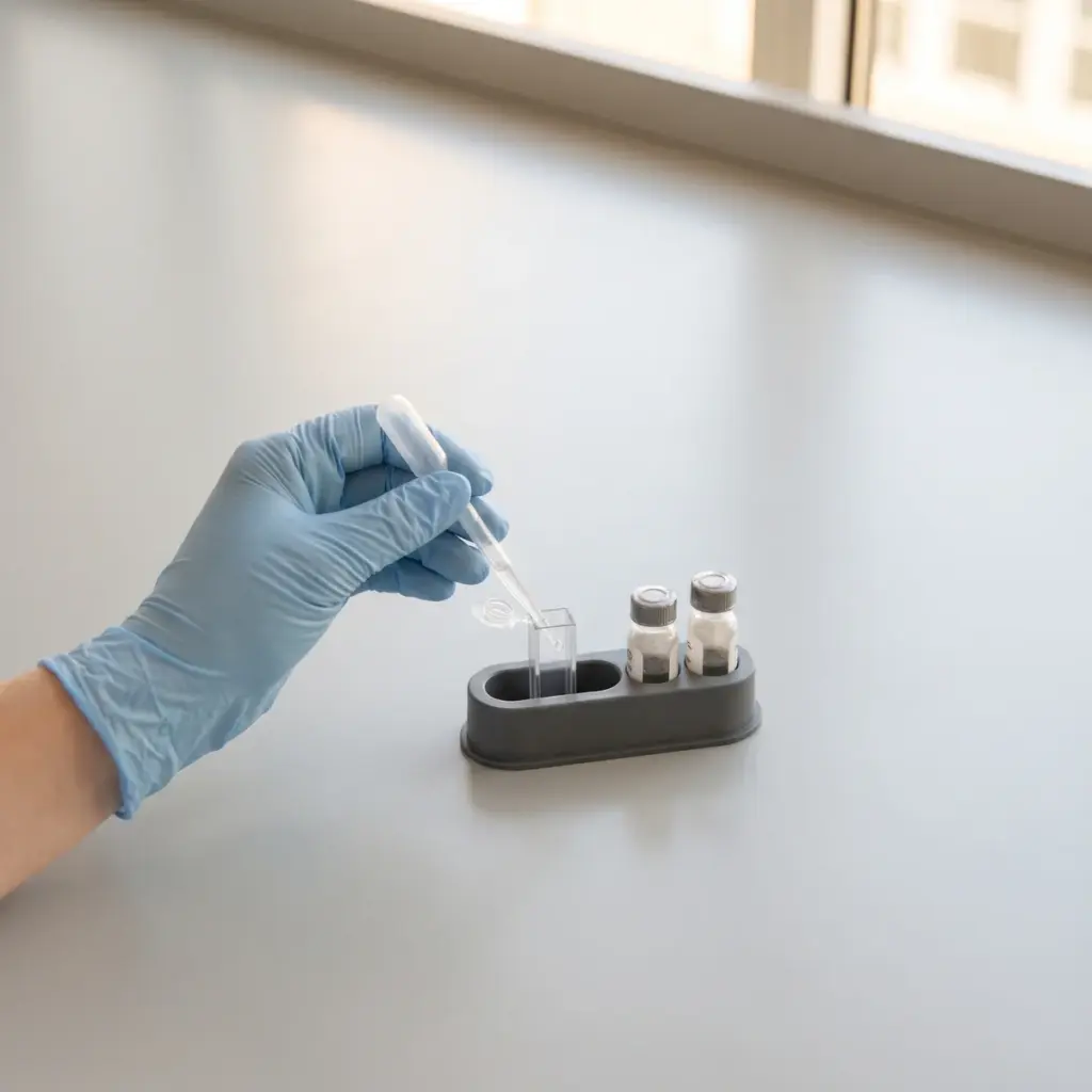 A gloved hand holds a transfer pipette in an open cuvette beside two capped vials in a holder.