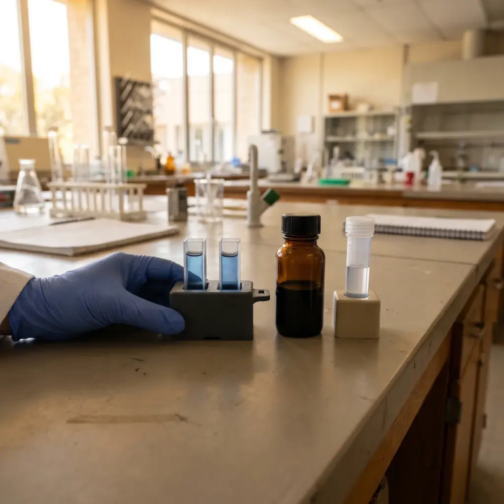 A gloved hand steadies two blue-filled cuvettes beside an amber bottle and a capped sample tube.