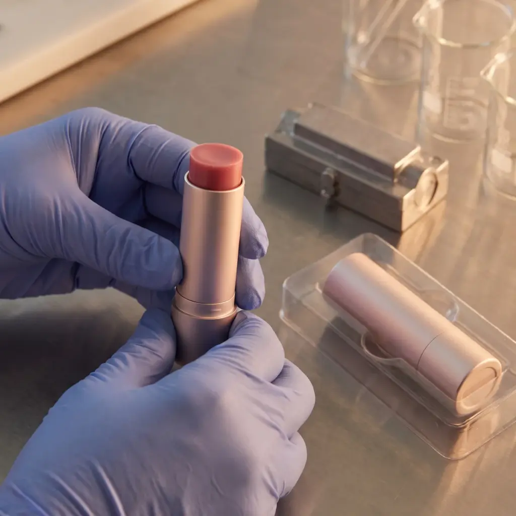 Editorial illustration of gloved hands testing a tinted balm stick beside a second trial tube in a tray.