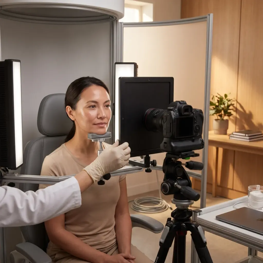 Editorial illustration of a woman at a chin support while an assessor adjusts a panel beside a camera.