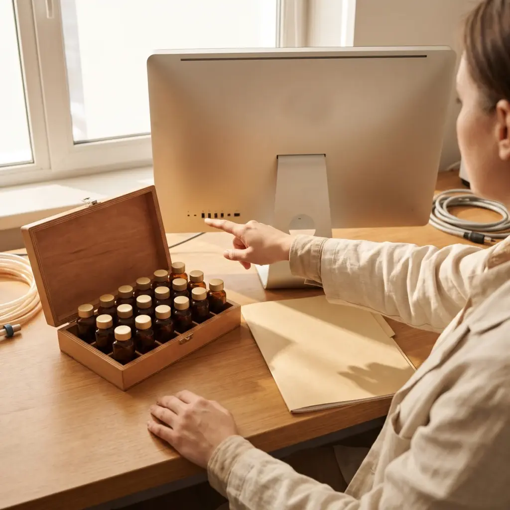 A person points at computer rear ports beside an open case of capped amber bottles and a plain folio.