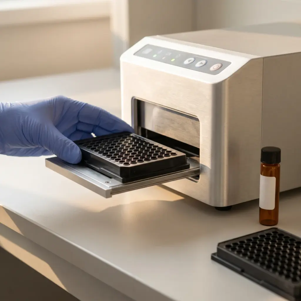 Editorial illustration of a gloved hand loading an open black assay plate into a benchtop reader.