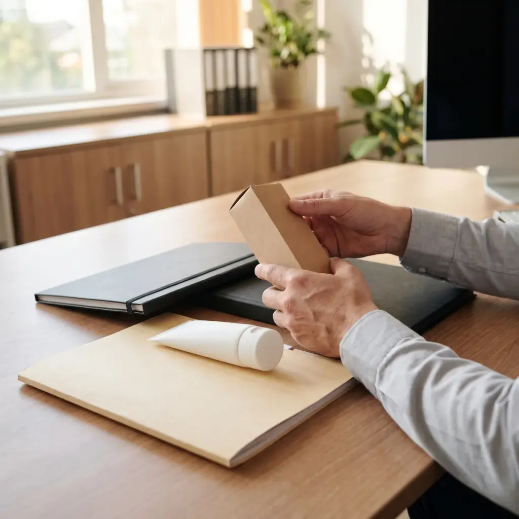 Hands inspect a plain kraft carton above a desk with a white cosmetic tube and closed document folios.