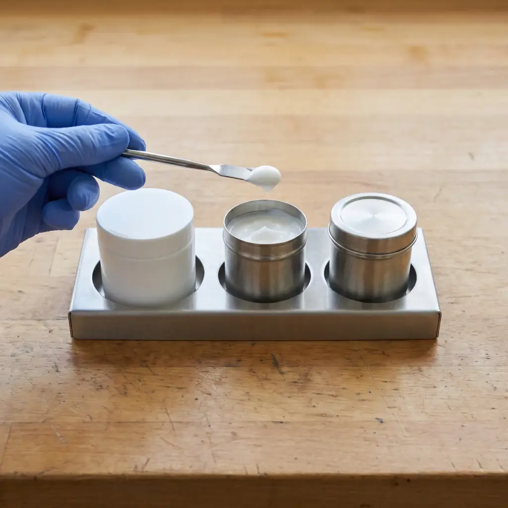 A blue-gloved hand holds a spatula with white cream above an open metal cup beside two closed sample containers.