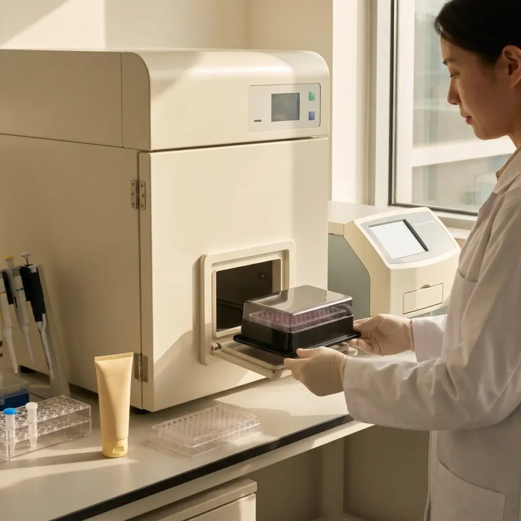 Gloved hands hold a covered plate carrier beside an instrument hatch and a benchtop reader.