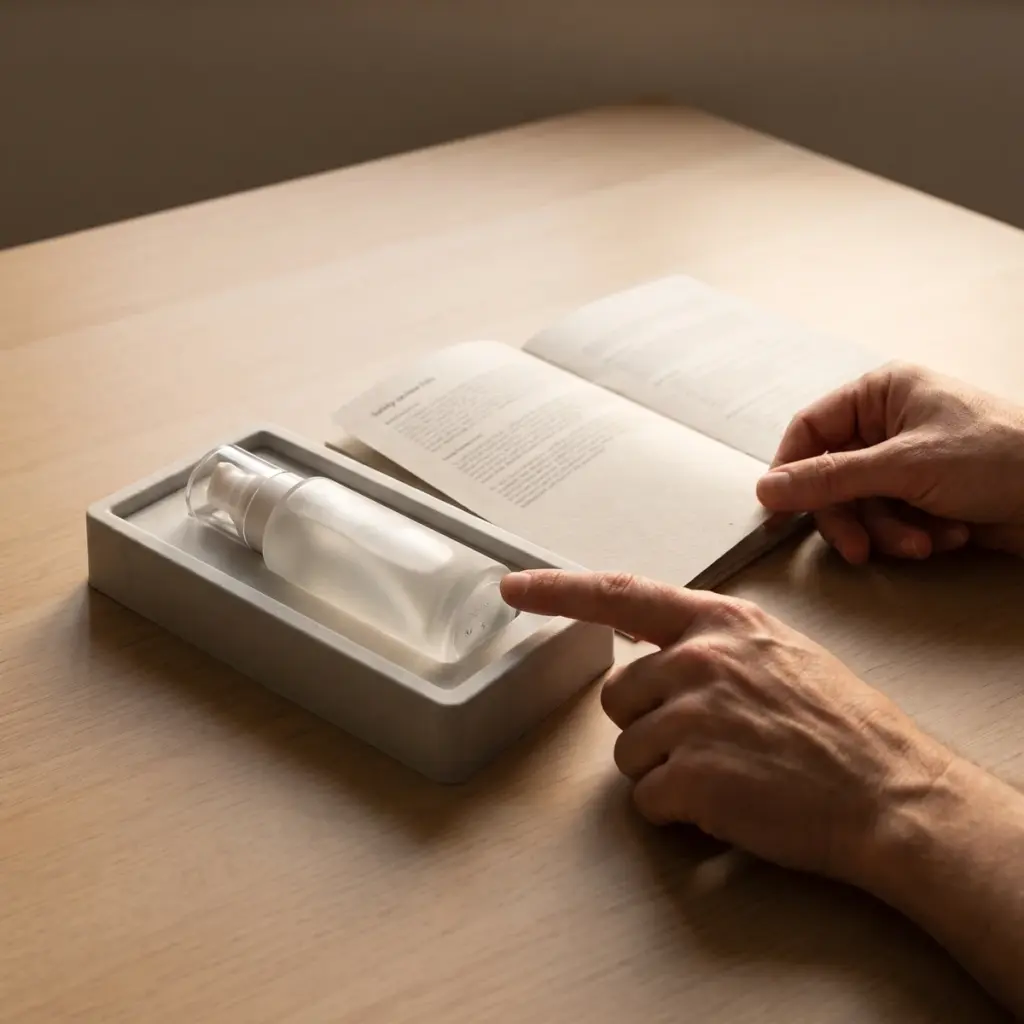 Hands review an open folio beside a capped pump bottle lying horizontally in a shallow tray.