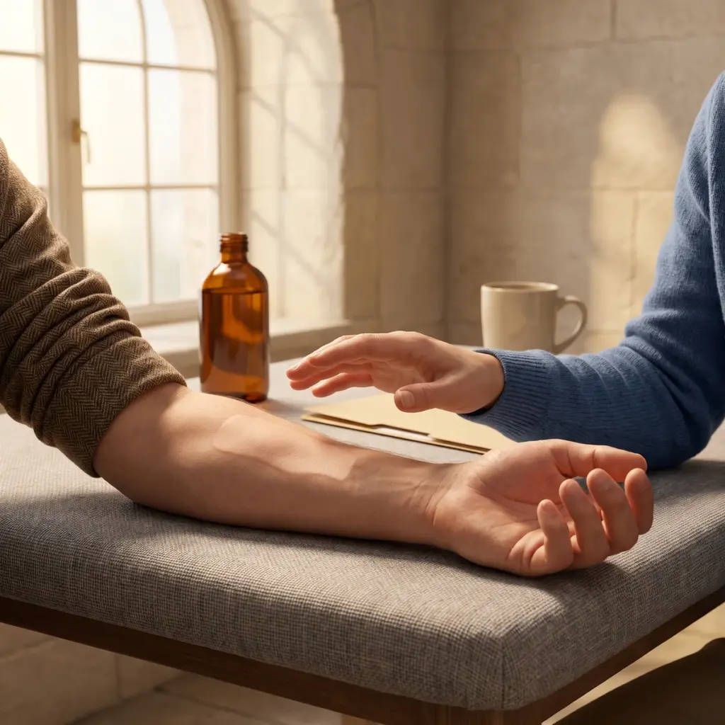 Editorial illustration of an assessor’s hand hovering above a forearm resting on a padded support.
