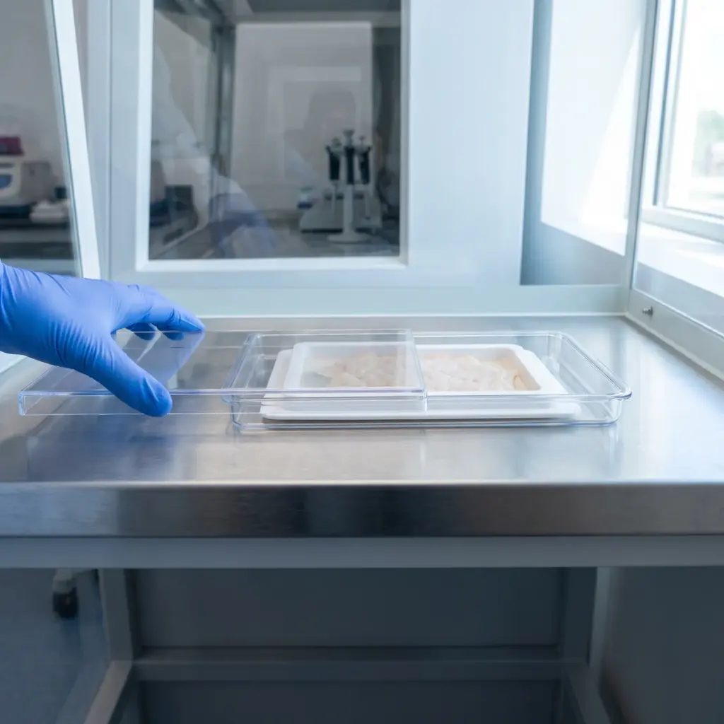 A gloved hand moves a clear cover beside a supported white receiver containing pale tissue-like material.