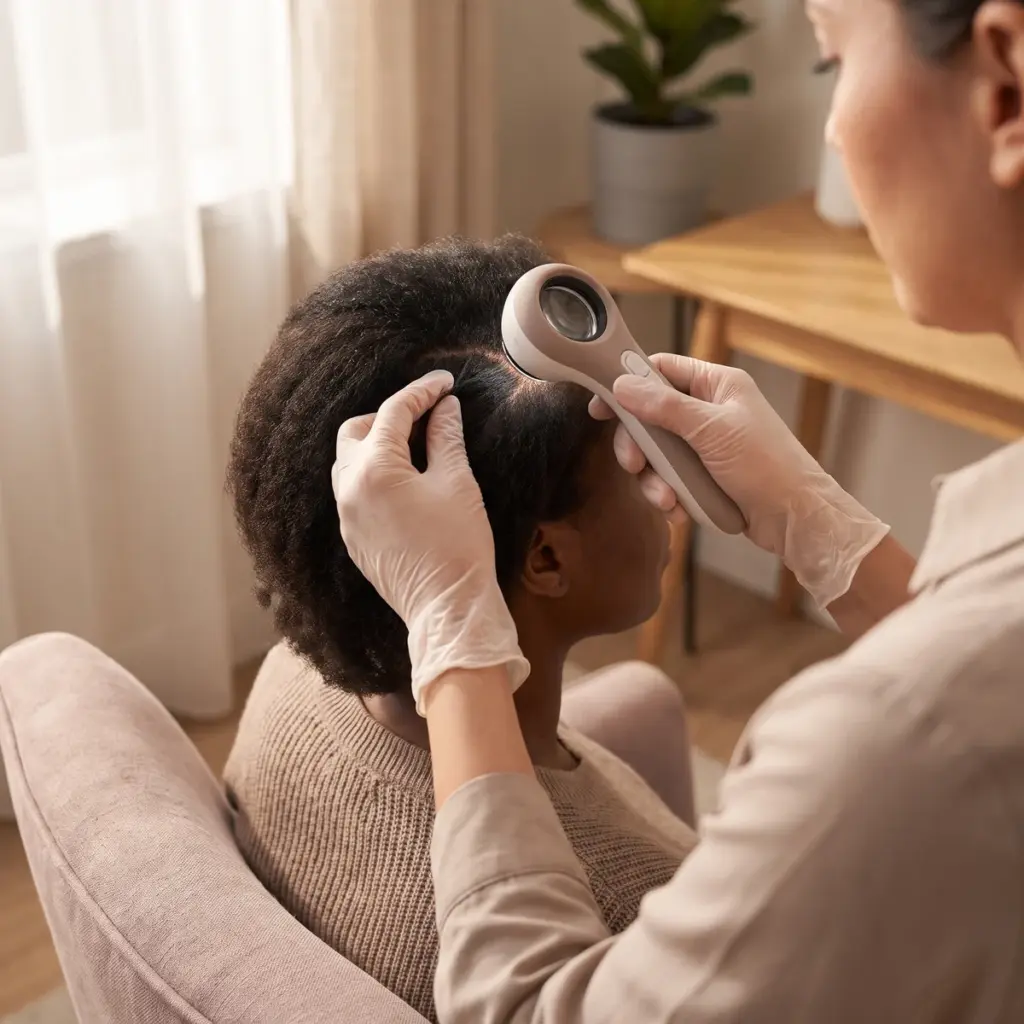 Editorial illustration of gloved hands parting hair and positioning a scalp-inspection device.