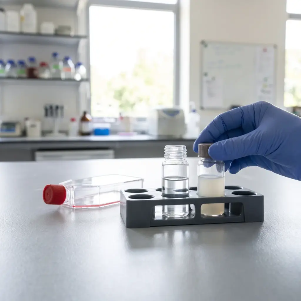 A gloved hand checks a vial cap beside an open extraction vial in a rack and a closed culture flask.