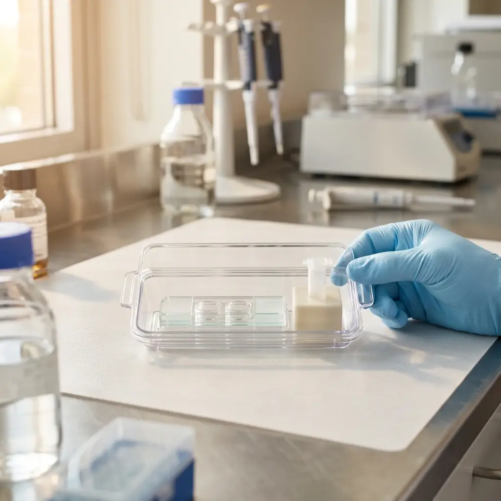 A gloved hand steadies a clear tray containing glass chambers and a capped tube in a small block.